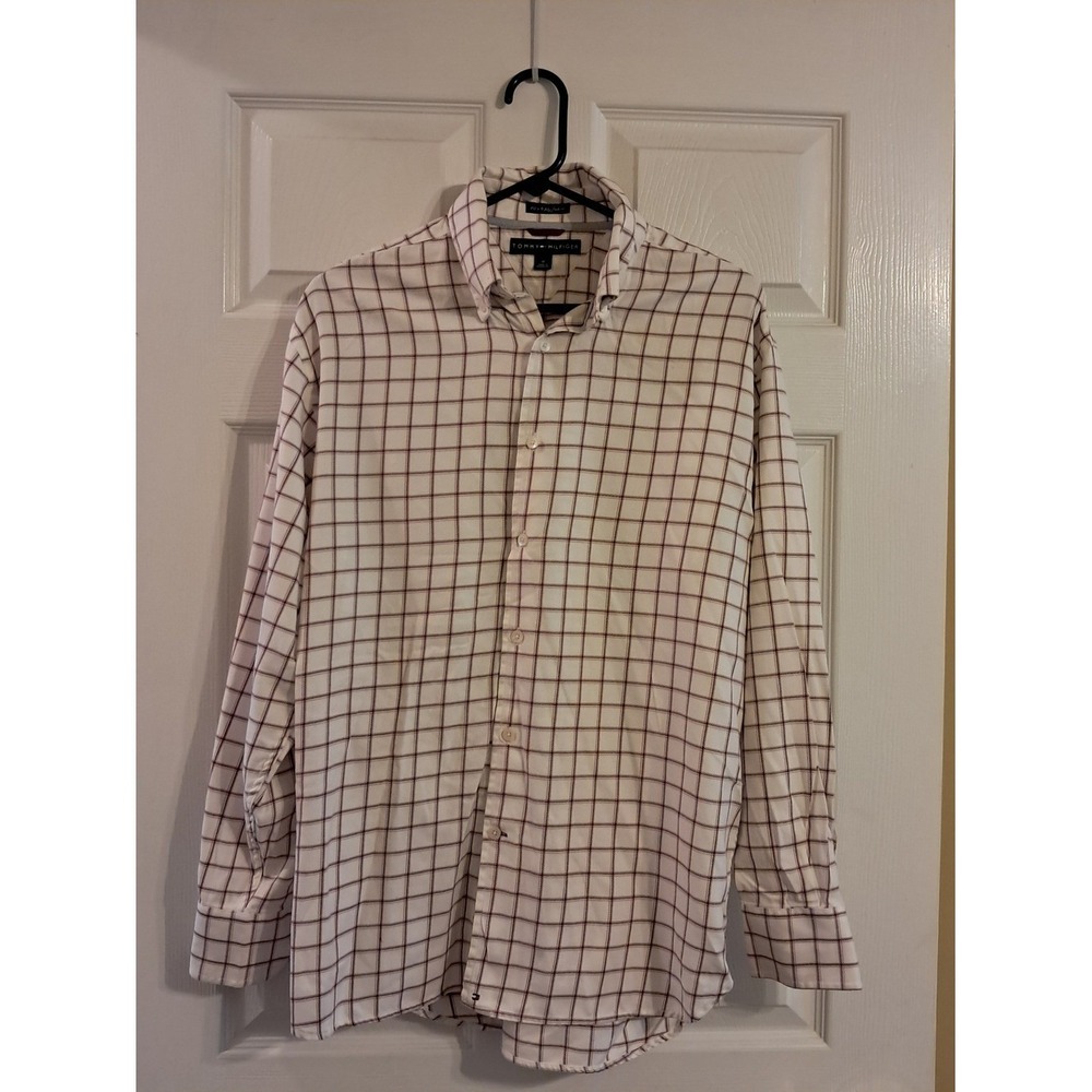 Tommy Hilfiger Men's Size Medium Beige and Burgundy Windowpane Button-Down Shirt